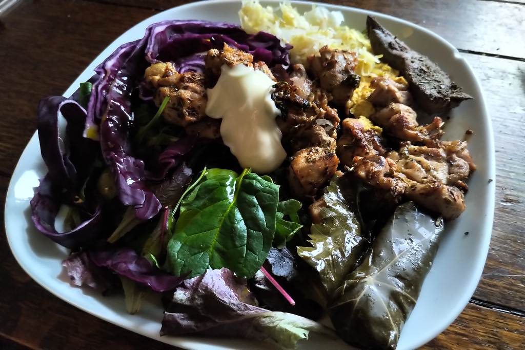 Assortment of tapas, chicken, dolmades etc