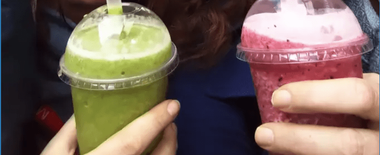 A green and a red berry smoothie from Chickpea in Falmouth