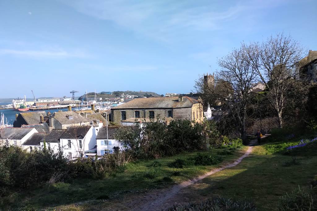 Image of Falmouth from Green bit with path leading down into town